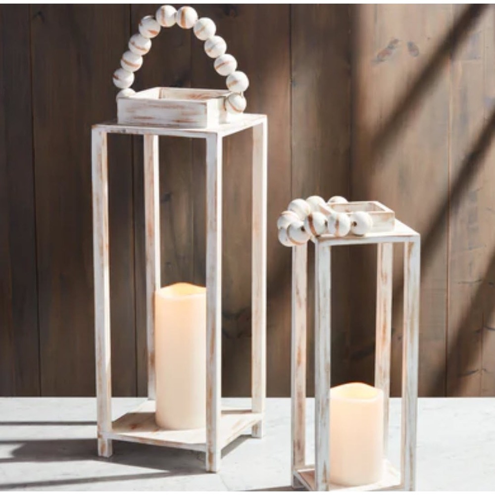 Mud Pie White Beaded Lantern Set Mango Wood 20" & 25"